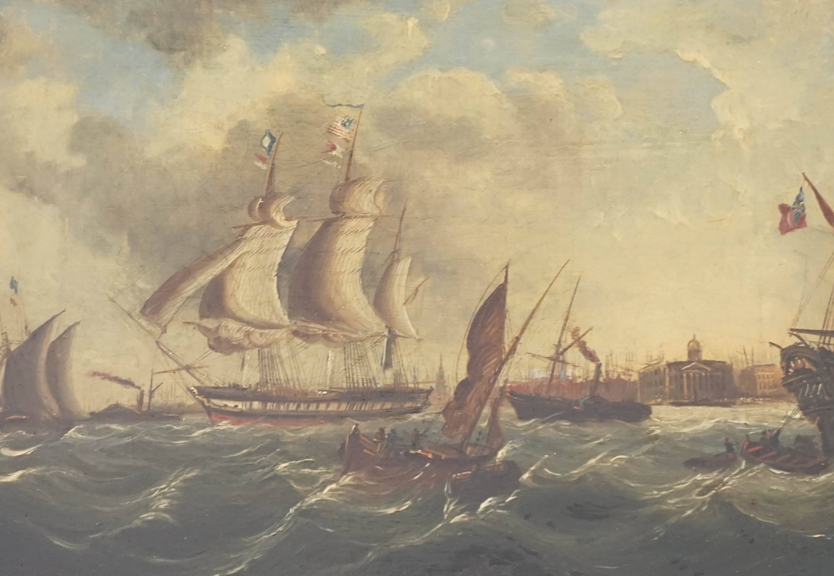 English School, early 19th century , Merchant and other ships off London dock, one carrying an American flag, and shipping in a river estuary, oils on canvas, a pair, 24 x 34cm